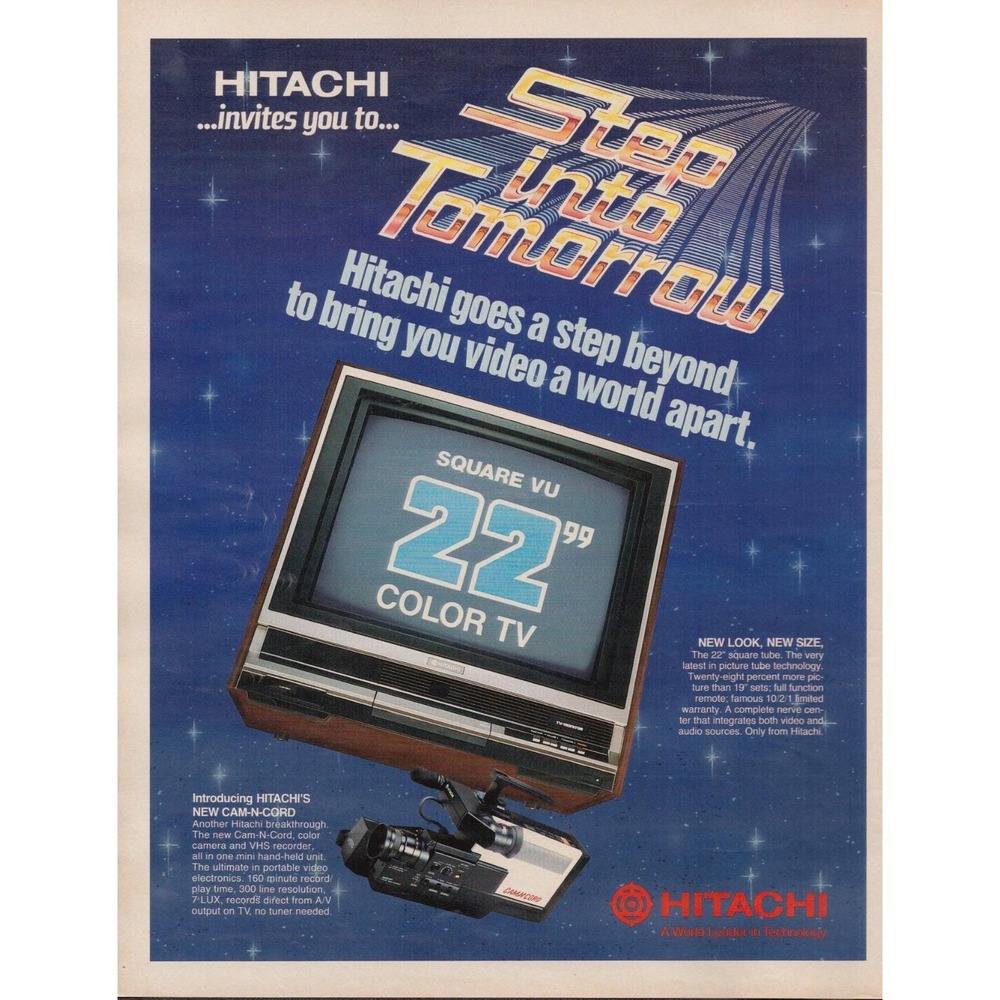 Hitachi Step Into‎ Tomorrow Square 22 Inch Color TV Camcorder Print Ad 1986